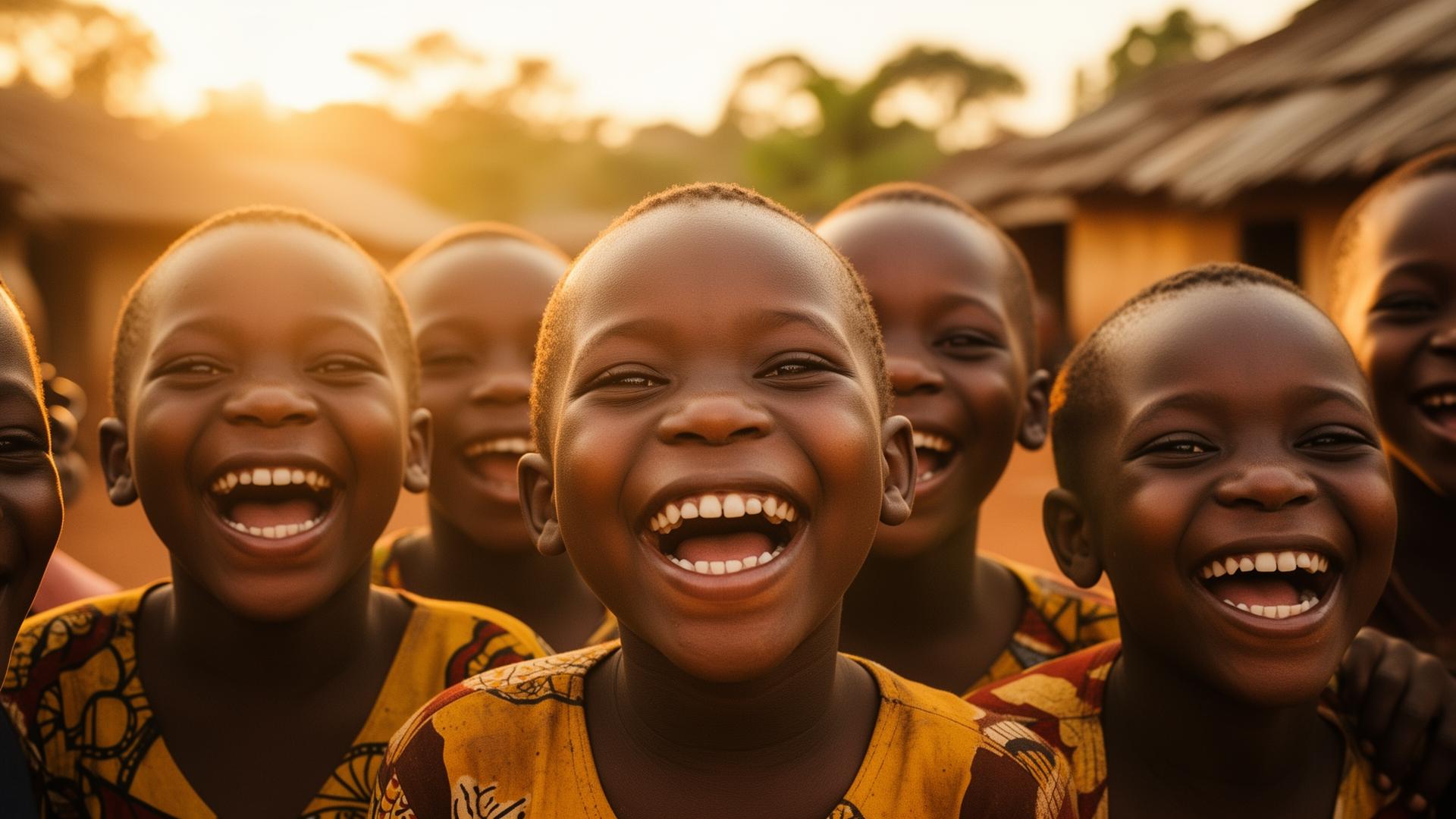 Enfants africains souriants, pleins d'espoir, au coucher du soleil